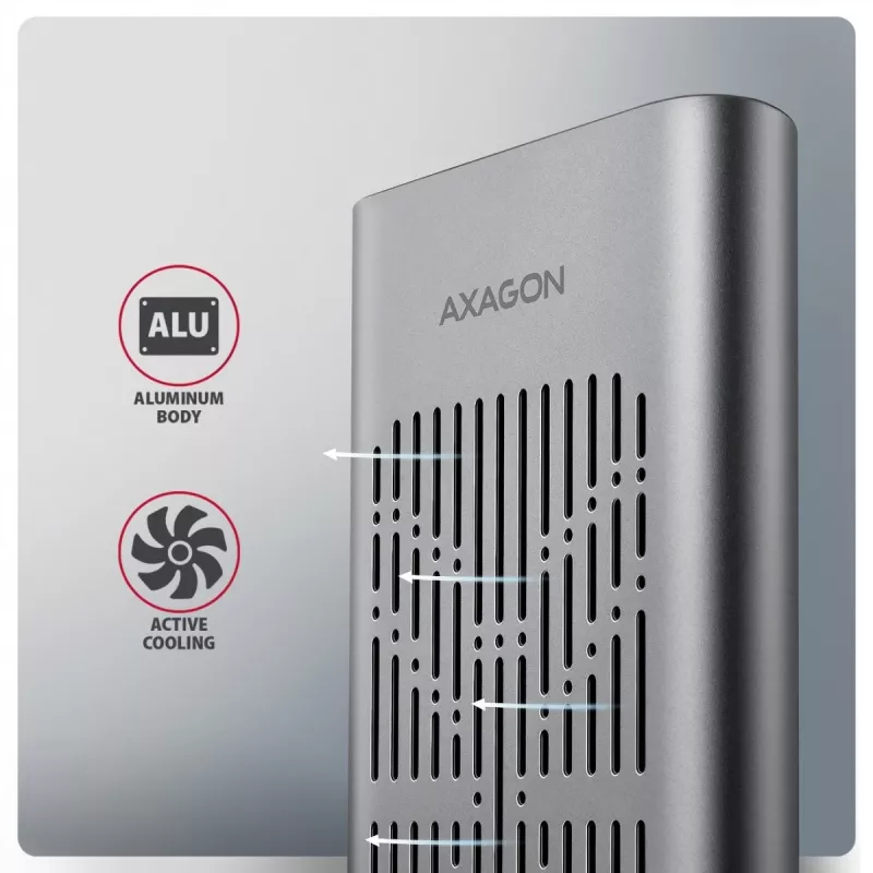 Išorinė dėžutė AXAGON EEM2-20GD USB-C 20 Gbps dviem M.2 NVMe SSD diskams su aparatine kopijavimo funkcija
