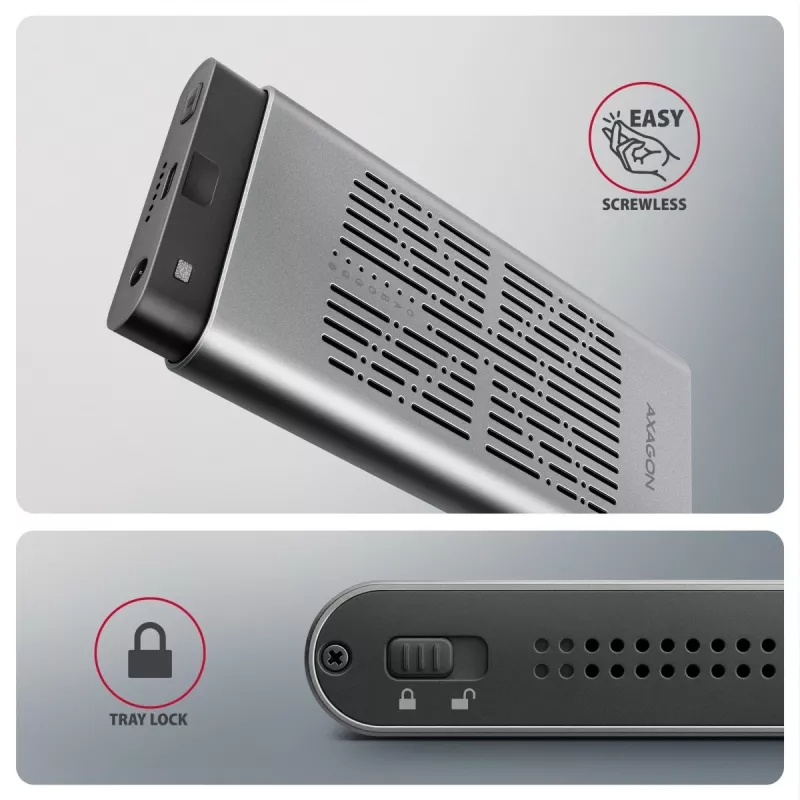 Išorinė dėžutė AXAGON EEM2-20GD USB-C 20 Gbps dviem M.2 NVMe SSD diskams su aparatine kopijavimo funkcija