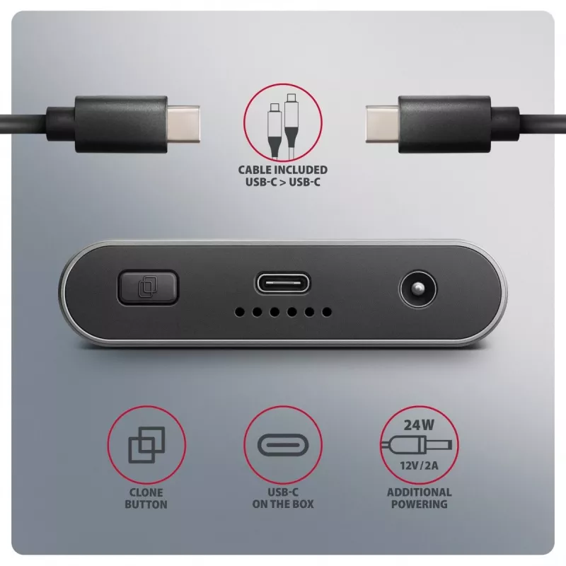 Išorinė dėžutė AXAGON EEM2-20GD USB-C 20 Gbps dviem M.2 NVMe SSD diskams su aparatine kopijavimo funkcija