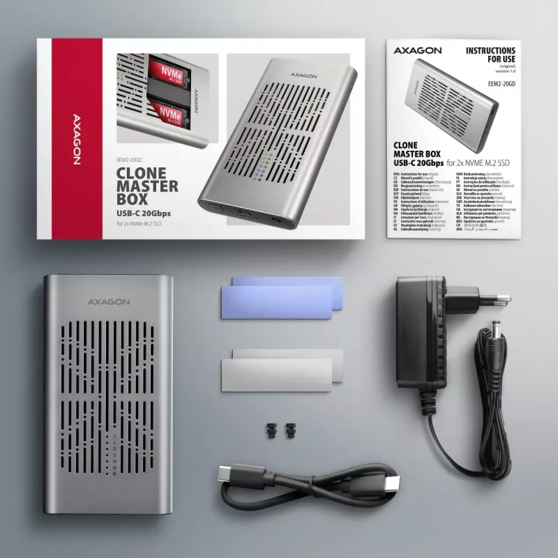 Išorinė dėžutė AXAGON EEM2-20GD USB-C 20 Gbps dviem M.2 NVMe SSD diskams su aparatine kopijavimo funkcija