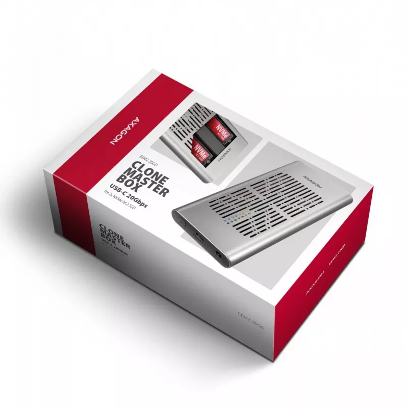 Išorinė dėžutė AXAGON EEM2-20GD USB-C 20 Gbps dviem M.2 NVMe SSD diskams su aparatine kopijavimo funkcija