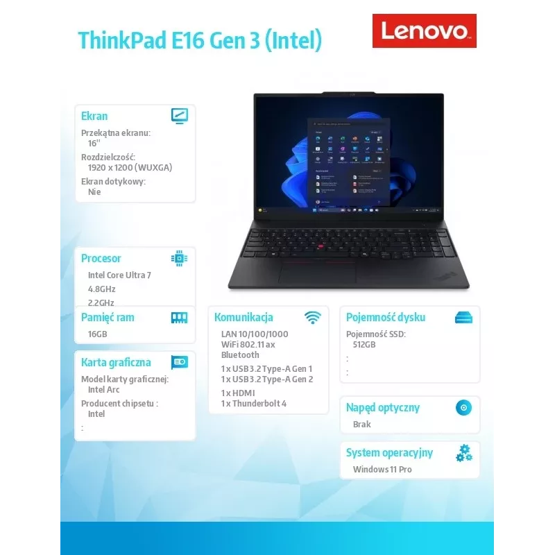 Lenovo ThinkPad E16 Gen 3 nešiojamasis kompiuteris, Intel Core Ultra 7 256V, 16 GB RAM, 512 GB SSD, 16 colių WUXGA, Windows 11 Pro, juoda
