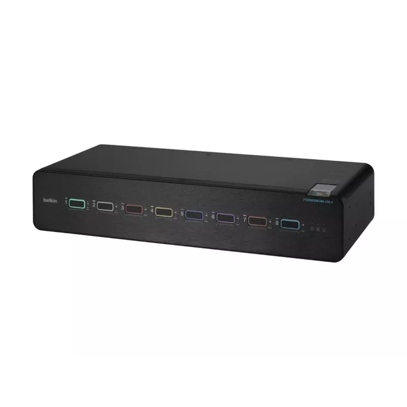 KVM jungiklis Belkin F1DN208KVM-UN-4 — 8 prievadų dviejų galvučių HDMI/DisplayPort, USB klaviatūra ir pelė, 4K@60Hz, montuojamas į stovą, juodas