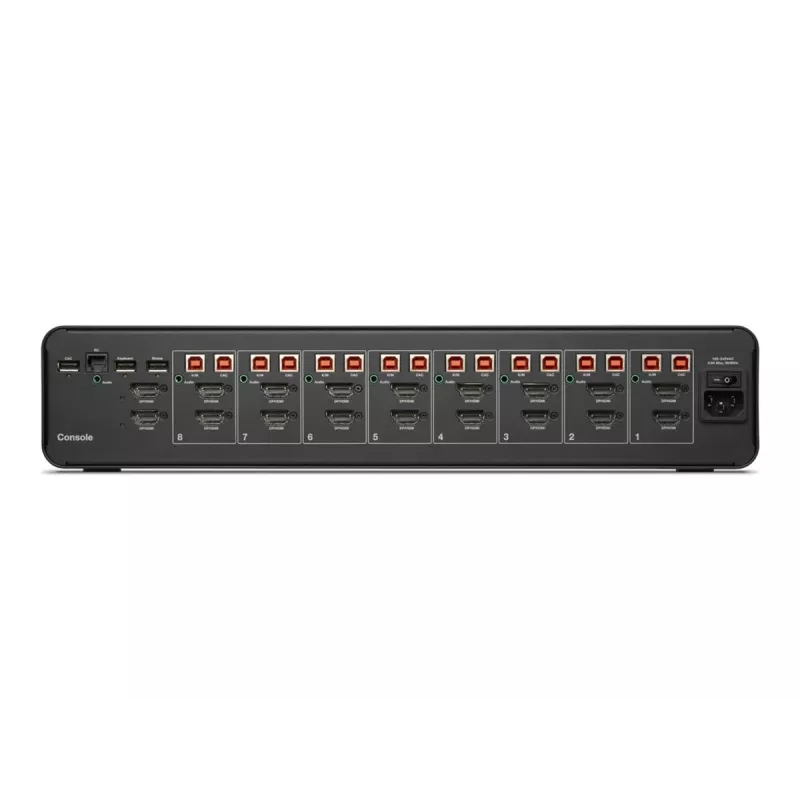 KVM jungiklis Belkin F1DN208KVM-UN-4 — 8 prievadų dviejų galvučių HDMI/DisplayPort, USB klaviatūra ir pelė, 4K@60Hz, montuojamas į stovą, juodas
