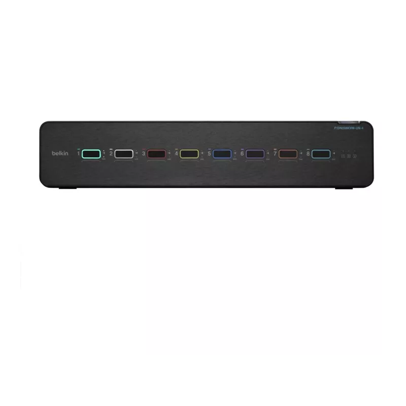 KVM jungiklis Belkin F1DN208KVM-UN-4 — 8 prievadų dviejų galvučių HDMI/DisplayPort, USB klaviatūra ir pelė, 4K@60Hz, montuojamas į stovą, juodas