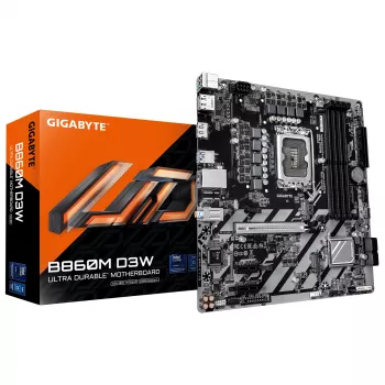 GIGABYTE B860M D3W pagrindinė plokštė – „Intel Core Ultra“ serijos CPU, 4+1+2 fazių VRM, iki 9066 MHz DDR5, 2 x PCIe 4.0 M.2, 1 GbE LAN, USB 3.2 Gen 1