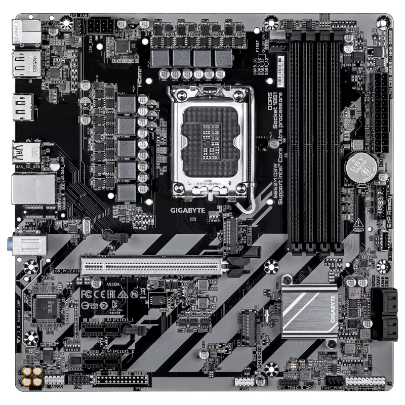 GIGABYTE B860M D3W pagrindinė plokštė – „Intel Core Ultra“ serijos CPU, 4+1+2 fazių VRM, iki 9066 MHz DDR5, 2 x PCIe 4.0 M.2, 1 GbE LAN, USB 3.2 Gen 1