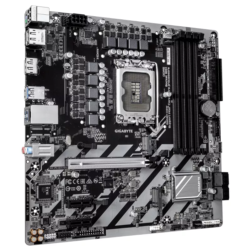 GIGABYTE B860M D3W pagrindinė plokštė – „Intel Core Ultra“ serijos CPU, 4+1+2 fazių VRM, iki 9066 MHz DDR5, 2 x PCIe 4.0 M.2, 1 GbE LAN, USB 3.2 Gen 1