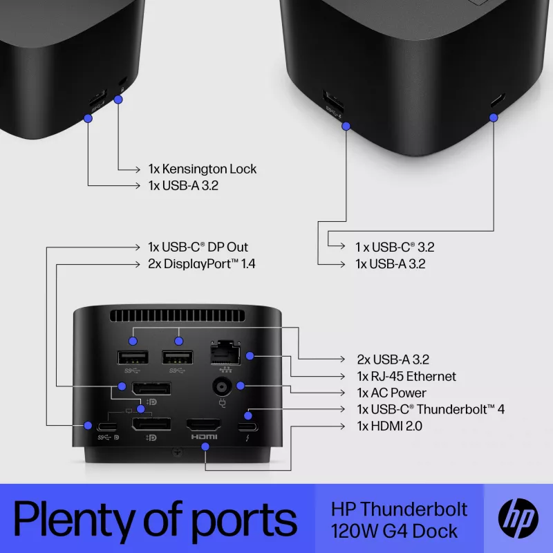 HP Thunderbolt Dock 120W G4, Kensington, Kinija, Tailandas, Taivanas, Verslo, Windows 10, Windows 11, MacOS, 98 mm