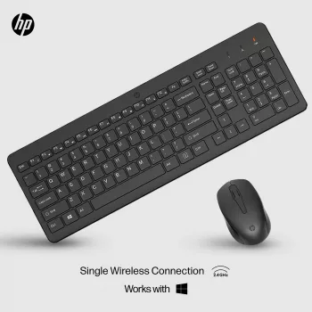 Belaidės klaviatūros ir pelės rinkinys HP 330 — pilno dydžio klaviatūra, RF belaidė, juoda, pelė pridedama