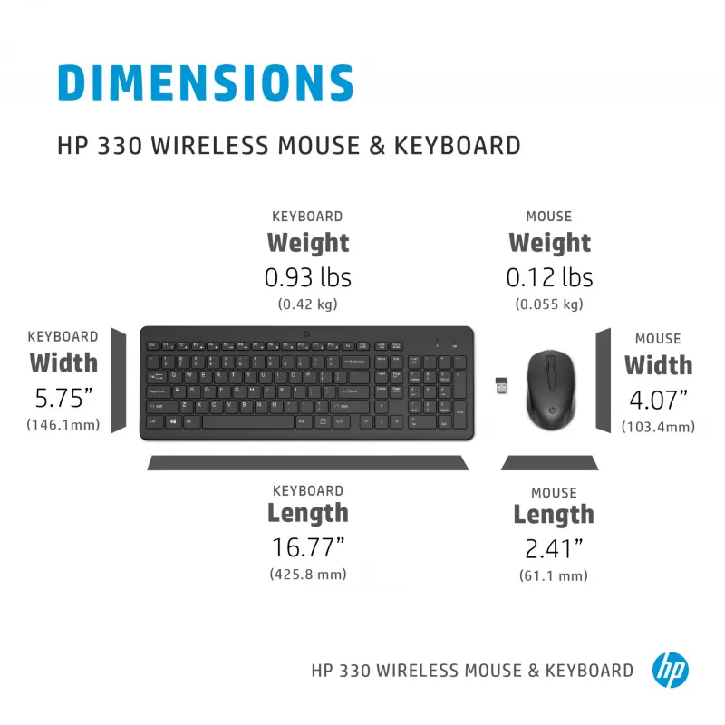 Belaidės klaviatūros ir pelės rinkinys HP 330 — pilno dydžio klaviatūra, RF belaidė, juoda, pelė pridedama