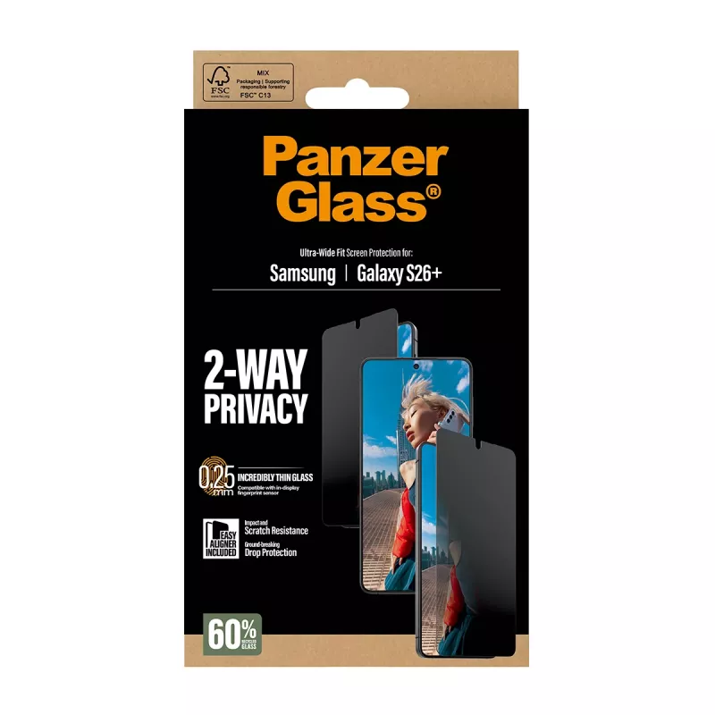 PanzerGlass ® 2 krypčių privatumo ekrano apsauga Samsung Galaxy S26+ | Itin platus pritaikymas su EasyAligner