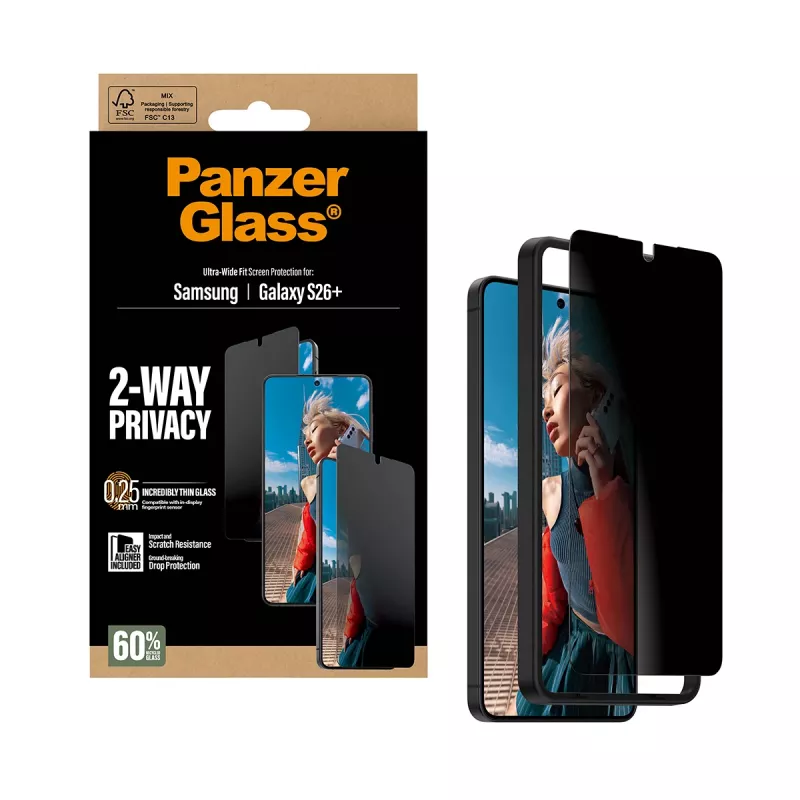 PanzerGlass ® 2 krypčių privatumo ekrano apsauga Samsung Galaxy S26+ | Itin platus pritaikymas su EasyAligner