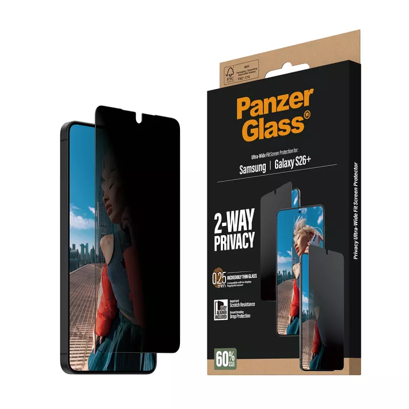 PanzerGlass ® 2 krypčių privatumo ekrano apsauga Samsung Galaxy S26+ | Itin platus pritaikymas su EasyAligner