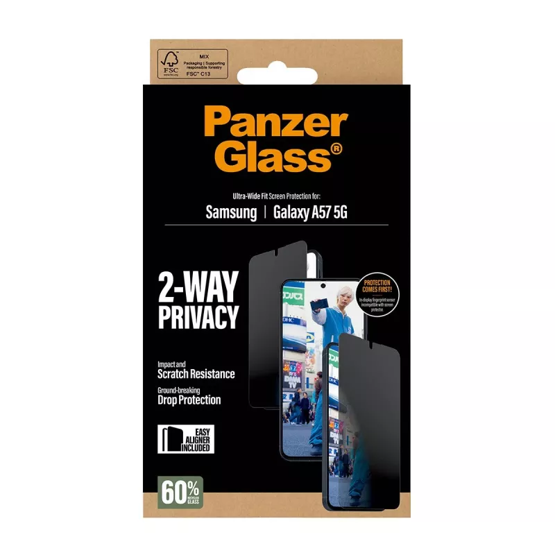 PanzerGlass Privacy apsauginis ekrano stiklas UWF – skaidrus – Samsung Galaxy A57 5G skaidrus ekrano apsauginis stiklas