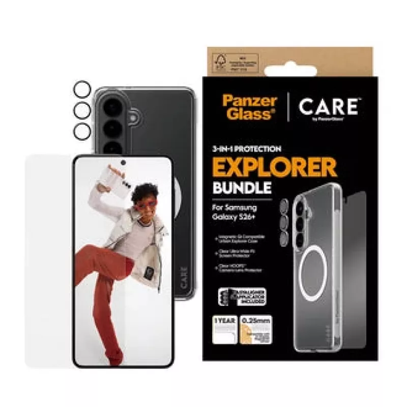 Ekrano apsauga PanzerGlass CARE 3-in-1, skirta Samsung Galaxy S Plus 2026 — PanzerGlass CARE rinkinys