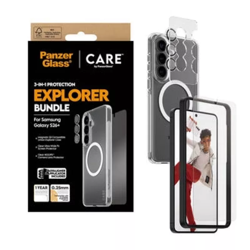 Ekrano apsauga PanzerGlass CARE 3-in-1, skirta Samsung Galaxy S Plus 2026 — PanzerGlass CARE rinkinys