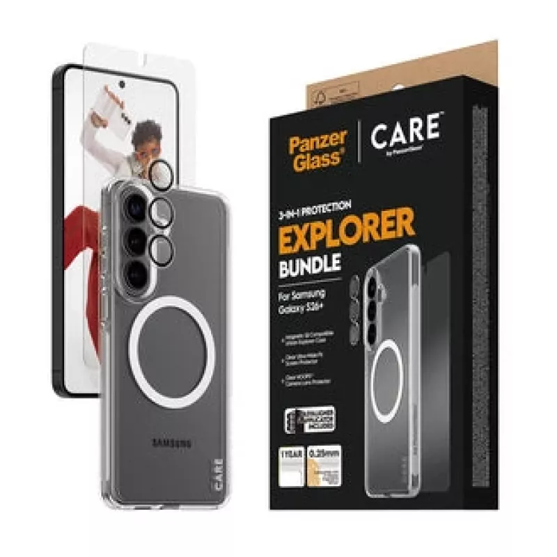 Ekrano apsauga PanzerGlass CARE 3-in-1, skirta Samsung Galaxy S Plus 2026 — PanzerGlass CARE rinkinys