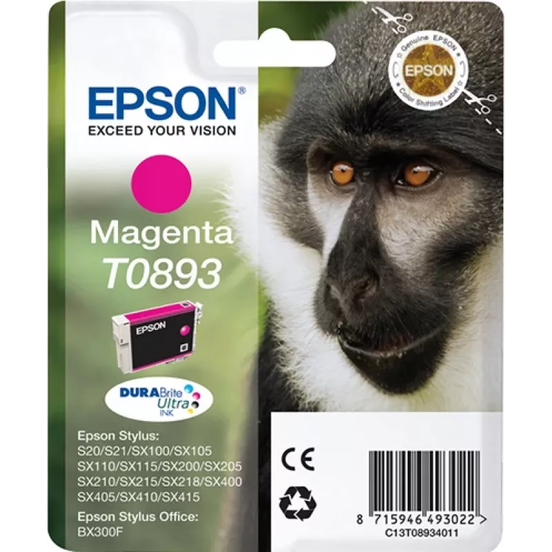 Epson Monkey Singlepack Magenta T0893 DURABrite Ultra rašalas, Magenta, Pigmentinis rašalas, 3,5 ml, 1 vnt.