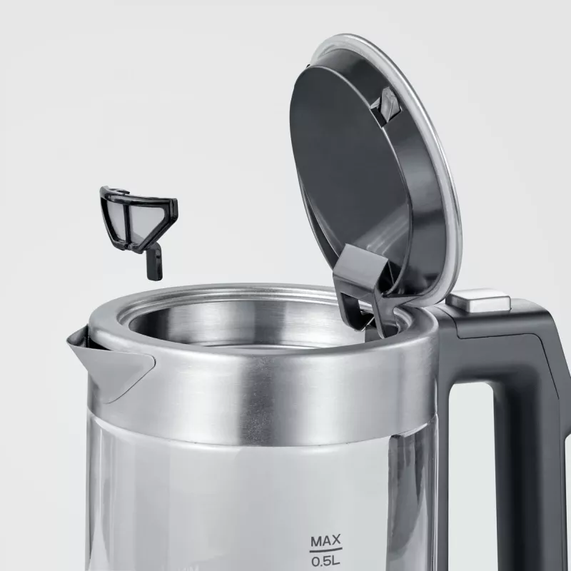 Elektrinis virdulys SEVERIN WK3458, 0,5 l, 1100 W, stiklas ir nerūdijantis plienas, 5 temperatūros nustatymai, belaidis