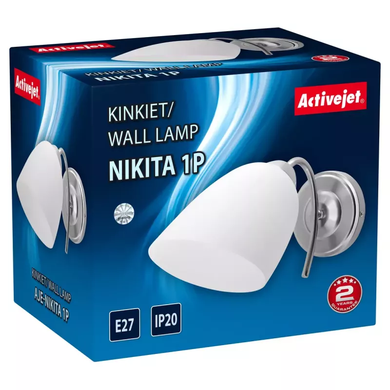 Sieninis šviestuvas ActiveJet NIKITA nikelis E27 vienos lemputės, apvalus metalinis gaubtas, IP20, 220–240 V, maks. 60 W