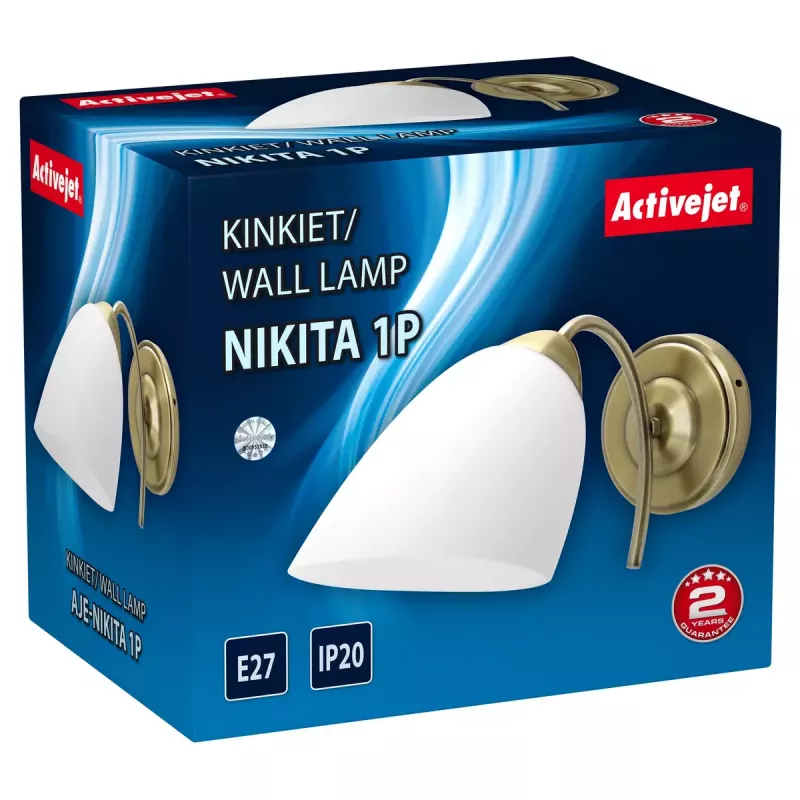 Sieninis šviestuvas ActiveJet NIKITA Patyna E27 vienam lizdui, metalinis korpusas, IP20, 220–240 V, 60 W, baltas stiklas
