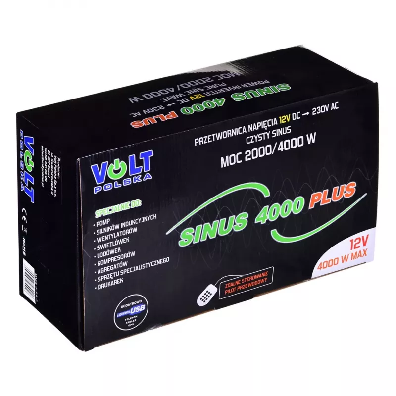Nuolatinės srovės į kintamąją keitiklis Volt Sinus 4000 Plus 4000W 12V — gryna sinusinė banga, 4000 W nepertraukiama galia, 12 V nuolatinės srovės įvestis