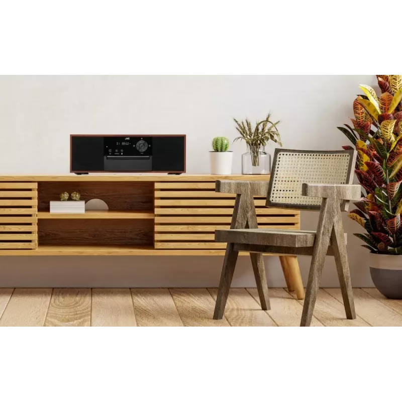 Mini bokštelio muzikinė sistema JVC RD-E761, 2x8W RMS, Bluetooth 4.2, USB, CD, FM, medinis korpusas, juoda