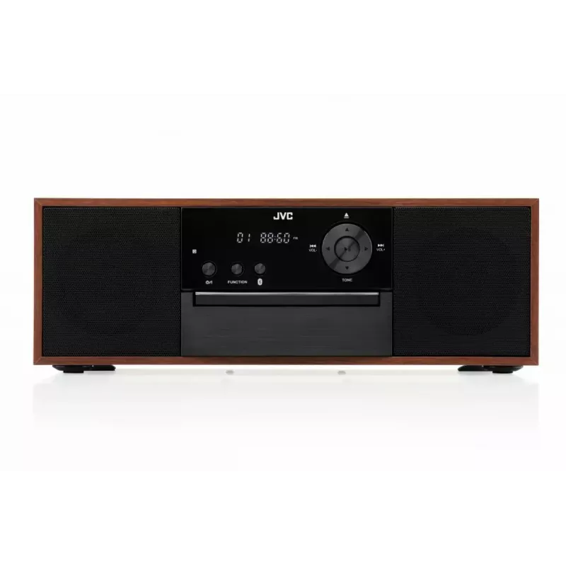 Mini bokštelio muzikinė sistema JVC RD-E761, 2x8W RMS, Bluetooth 4.2, USB, CD, FM, medinis korpusas, juoda
