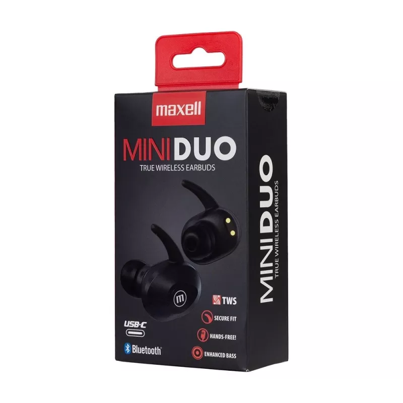 MAXELL MINI DUO belaidės į ausis įdedamos ausinės su įkrovimo dėklu, juodos