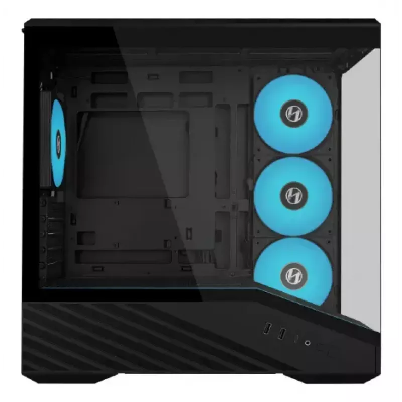 Mini bokšto PC korpusas Lian Li Vector V100R MINI — Mini-ITX/Micro-ATX, grūdintas stiklas, 3x120 mm šoniniai + 1x120 mm galinis ventiliatoriai, 2x 2,5 colio + 1x 3,5 colio nišos, juodas