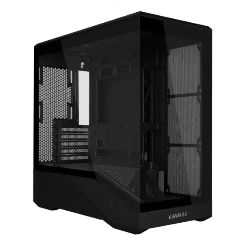 Mini bokšto PC korpusas Lian Li Vector V100R MINI — Mini-ITX/Micro-ATX, grūdintas stiklas, 3x120 mm šoniniai + 1x120 mm galinis ventiliatoriai, 2x 2,5 colio + 1x 3,5 colio nišos, juodas