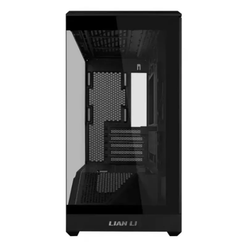 Mini bokšto PC korpusas Lian Li Vector V100R MINI — Mini-ITX/Micro-ATX, grūdintas stiklas, 3x120 mm šoniniai + 1x120 mm galinis ventiliatoriai, 2x 2,5 colio + 1x 3,5 colio nišos, juodas