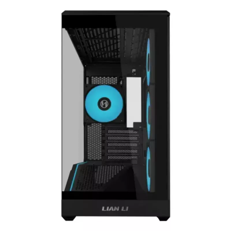 Mini bokšto PC korpusas Lian Li Vector V100R MINI — Mini-ITX/Micro-ATX, grūdintas stiklas, 3x120 mm šoniniai + 1x120 mm galinis ventiliatoriai, 2x 2,5 colio + 1x 3,5 colio nišos, juodas