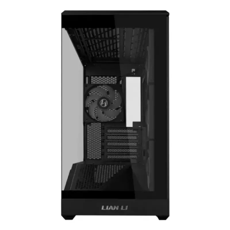 Mini bokšto PC korpusas Lian Li Vector V100R MINI — Mini-ITX/Micro-ATX, grūdintas stiklas, 3x120 mm šoniniai + 1x120 mm galinis ventiliatoriai, 2x 2,5 colio + 1x 3,5 colio nišos, juodas