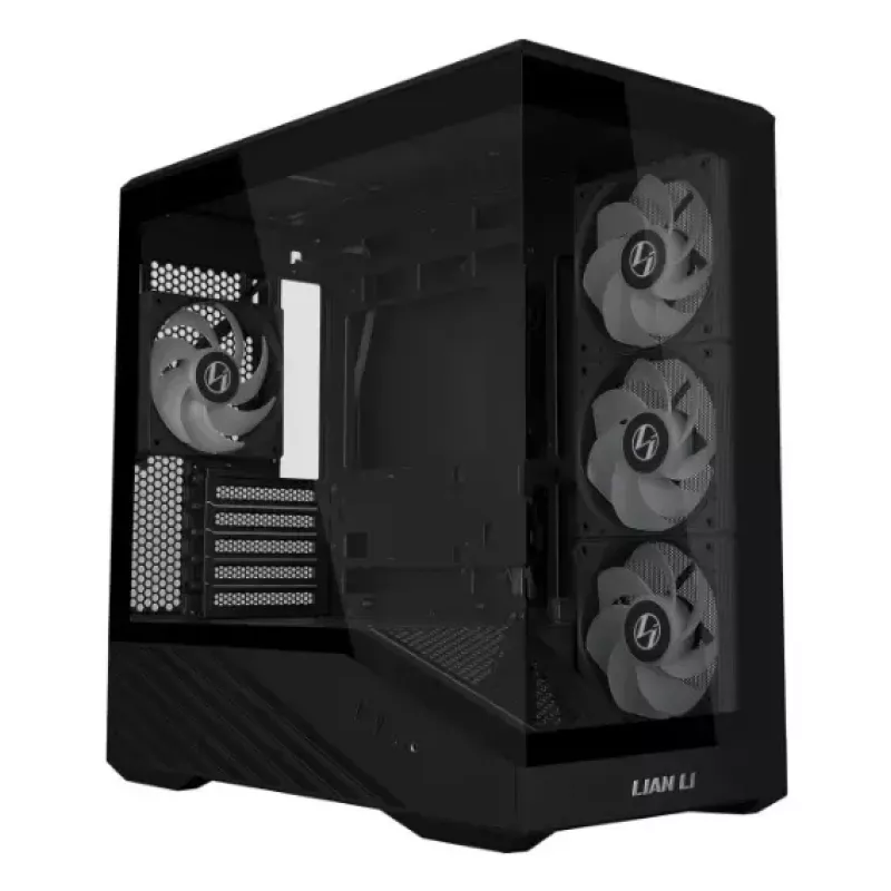 Mini bokšto PC korpusas Lian Li Vector V100R MINI — Mini-ITX/Micro-ATX, grūdintas stiklas, 3x120 mm šoniniai + 1x120 mm galinis ventiliatoriai, 2x 2,5 colio + 1x 3,5 colio nišos, juodas