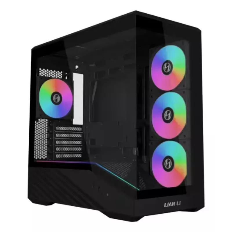 Mini bokšto PC korpusas Lian Li Vector V100R MINI — Mini-ITX/Micro-ATX, grūdintas stiklas, 3x120 mm šoniniai + 1x120 mm galinis ventiliatoriai, 2x 2,5 colio + 1x 3,5 colio nišos, juodas
