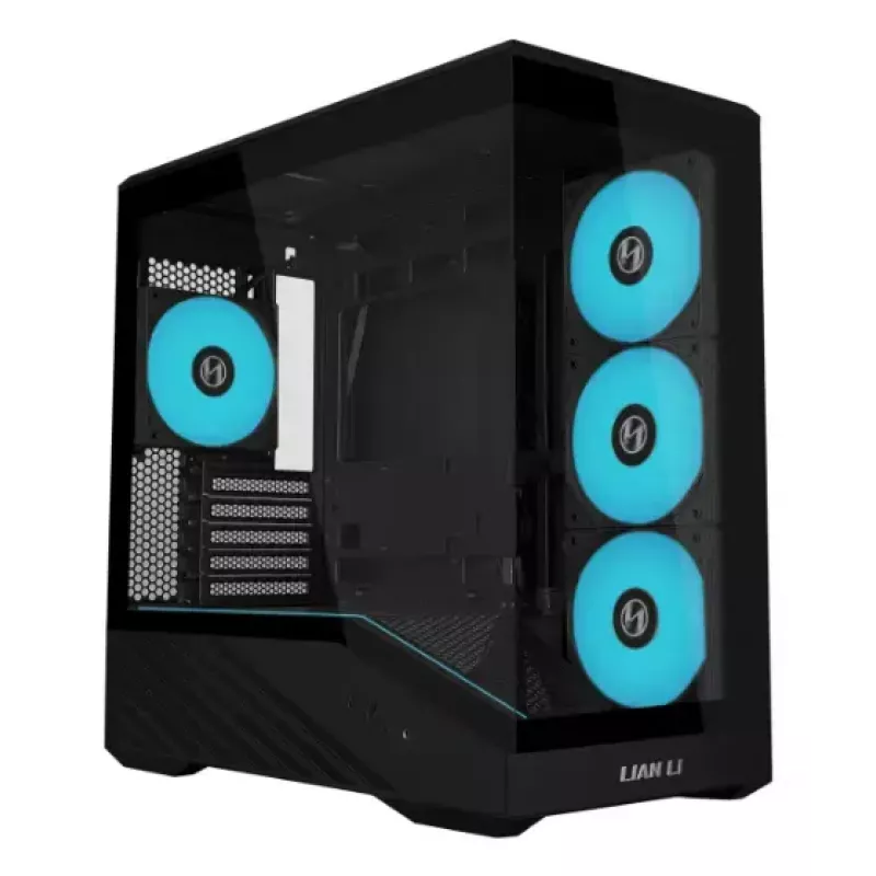 Mini bokšto PC korpusas Lian Li Vector V100R MINI — Mini-ITX/Micro-ATX, grūdintas stiklas, 3x120 mm šoniniai + 1x120 mm galinis ventiliatoriai, 2x 2,5 colio + 1x 3,5 colio nišos, juodas