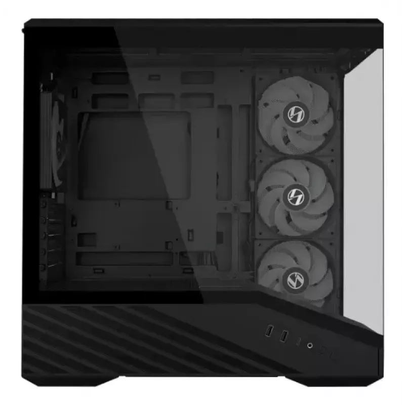 Mini bokšto PC korpusas Lian Li Vector V100R MINI — Mini-ITX/Micro-ATX, grūdintas stiklas, 3x120 mm šoniniai + 1x120 mm galinis ventiliatoriai, 2x 2,5 colio + 1x 3,5 colio nišos, juodas