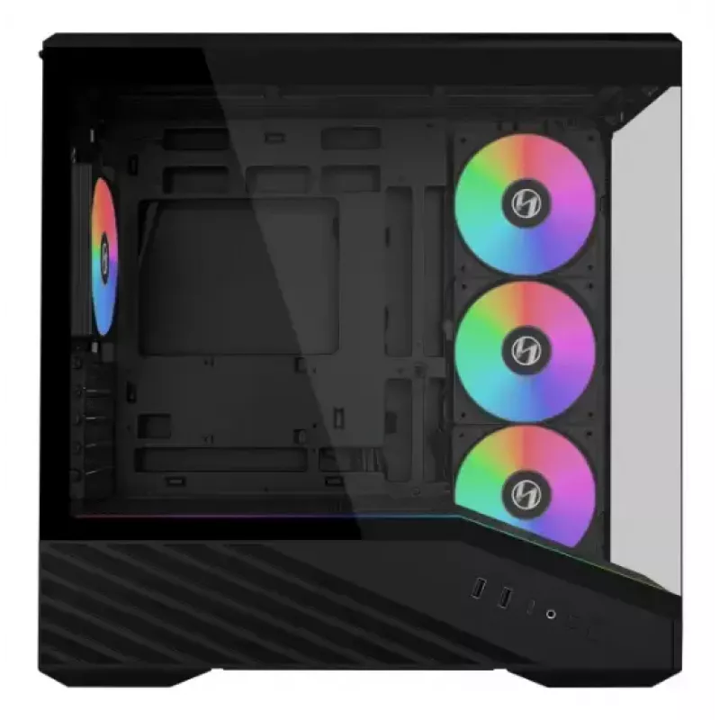 Mini bokšto PC korpusas Lian Li Vector V100R MINI — Mini-ITX/Micro-ATX, grūdintas stiklas, 3x120 mm šoniniai + 1x120 mm galinis ventiliatoriai, 2x 2,5 colio + 1x 3,5 colio nišos, juodas