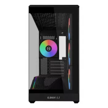 Mini bokšto PC korpusas Lian Li Vector V100R MINI — Mini-ITX/Micro-ATX, grūdintas stiklas, 3x120 mm šoniniai + 1x120 mm galinis ventiliatoriai, 2x 2,5 colio + 1x 3,5 colio nišos, juodas