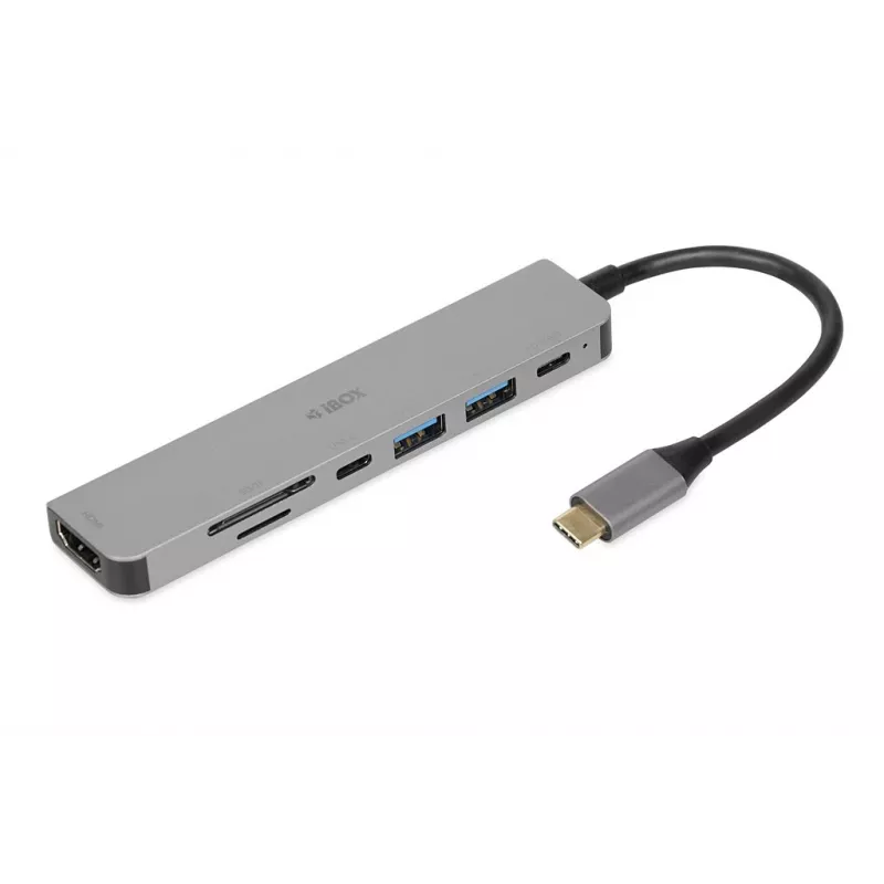 Dokų stotelė IBOX IUH3SL4K USB Type-C 5 Gbit/s, HDMI 4K@30Hz, PD iki 100W, 2x USB-A, 2x USB-C, kortelių skaitytuvas, sidabrinė