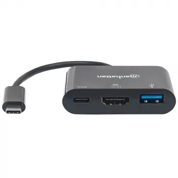 Manhattan USB-C dokas / šakotuvas, prievadai (x3): HDMI, USB-A ir USB-C, 5 Gbps (USB 3.2 Gen1, dar žinomas kaip USB 3.0), su maitinimo pristatymu (60 W) į USB-C prievadą (Pastaba: reikalingas papildomas USB-C sieninis įkroviklis ir USB-