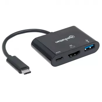 Manhattan USB-C dokas / šakotuvas, prievadai (x3): HDMI, USB-A ir USB-C, 5 Gbps (USB 3.2 Gen1, dar žinomas kaip USB 3.0), su maitinimo pristatymu (60 W) į USB-C prievadą (Pastaba: reikalingas papildomas USB-C sieninis įkroviklis ir USB-