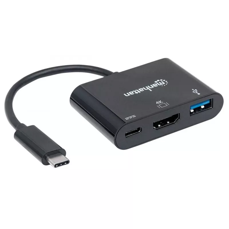 Manhattan USB-C dokas / šakotuvas, prievadai (x3): HDMI, USB-A ir USB-C, 5 Gbps (USB 3.2 Gen1, dar žinomas kaip USB 3.0), su maitinimo pristatymu (60 W) į USB-C prievadą (Pastaba: reikalingas papildomas USB-C sieninis įkroviklis ir USB-