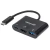 Manhattan USB-C dokas / šakotuvas, prievadai (x3): HDMI, USB-A ir USB-C, 5 Gbps (USB 3.2 Gen1, dar žinomas kaip USB 3.0), su maitinimo pristatymu (60 W) į USB-C prievadą (Pastaba: reikalingas papildomas USB-C sieninis įkroviklis ir USB-