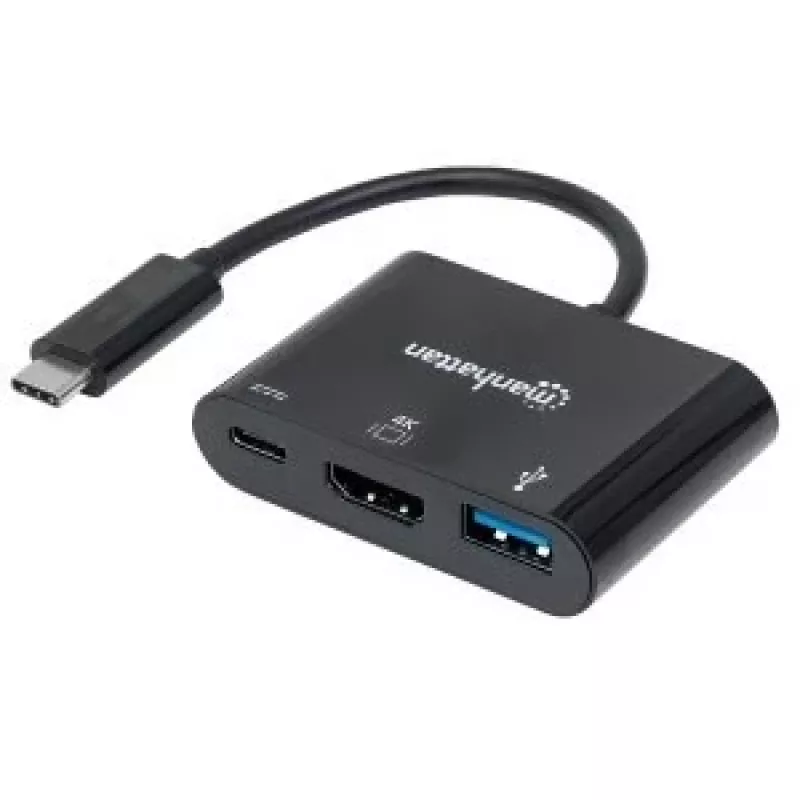 Manhattan USB-C dokas / šakotuvas, prievadai (x3): HDMI, USB-A ir USB-C, 5 Gbps (USB 3.2 Gen1, dar žinomas kaip USB 3.0), su maitinimo pristatymu (60 W) į USB-C prievadą (Pastaba: reikalingas papildomas USB-C sieninis įkroviklis ir USB-