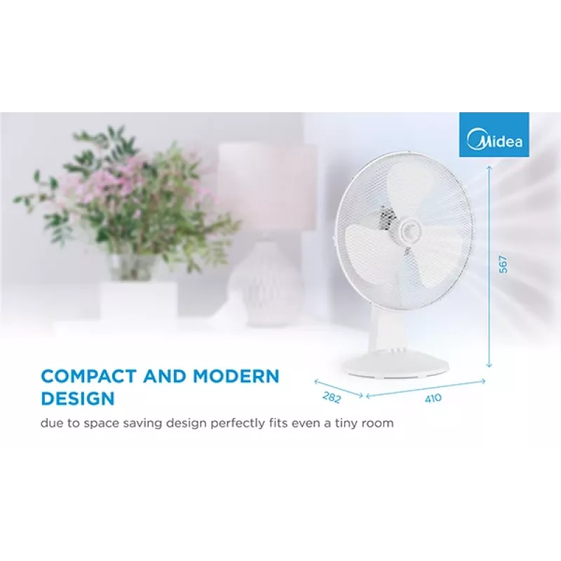 Stalinis ventiliatorius Midea FT40-21M — 40 cm skersmuo, 3 greičiai, osciliacija, 25 W, baltas