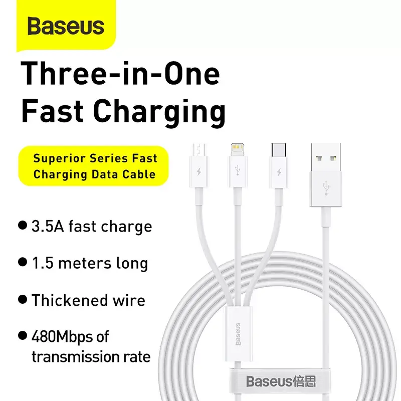 USB laidas Baseus Superior USB 2.0 1.5 m USB A USB C/Micro USB A/Lightning baltas