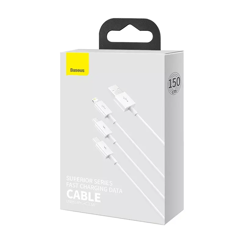 USB laidas Baseus Superior USB 2.0 1.5 m USB A USB C/Micro USB A/Lightning baltas